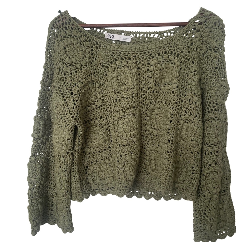 Zara Olive Green Crochet Granny Square Floral Knit Sweater Small Boho Cropped